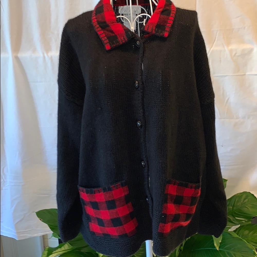 Mandal Bay cardigan sweater with flannel trim